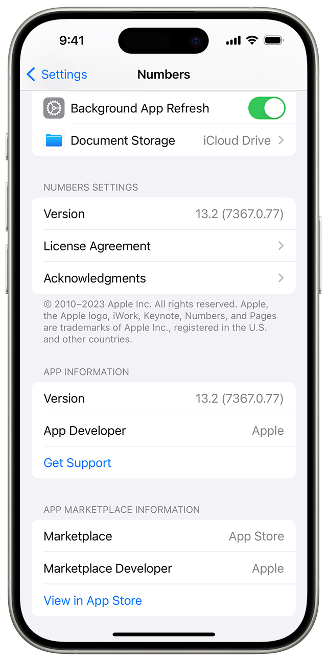 Programos, įdiegtos „iPhone“ įrenginyje, „Settings“ (nustatymai) ekranas, kuriame rodomas parduotuvės, iš kurios programa buvo įdiegta, pavadinimas ir nuoroda į „Get Support“ (gauti palaikymą).