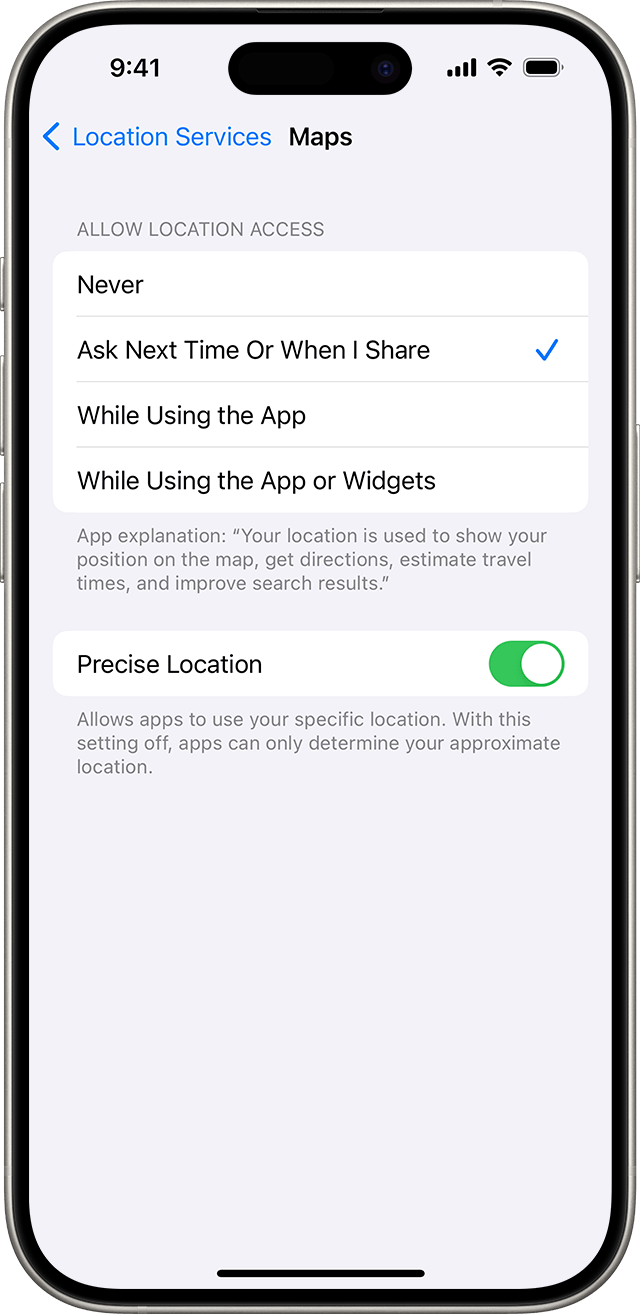 Wenn du „Genauer Standort“ deaktivierst, kannst du nur deinen ungefähren Standort mit der ausgewählten App teilen.