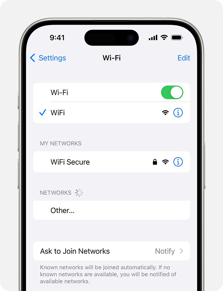 iPhone, milles kuvatakse Wi-Fi-ekraan. WiFi-võrgu nime kõrval on sinine märge.