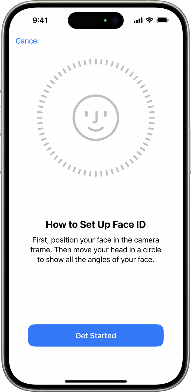 Začetek postopka nastavitve funkcije Face ID (ID obraza) 
