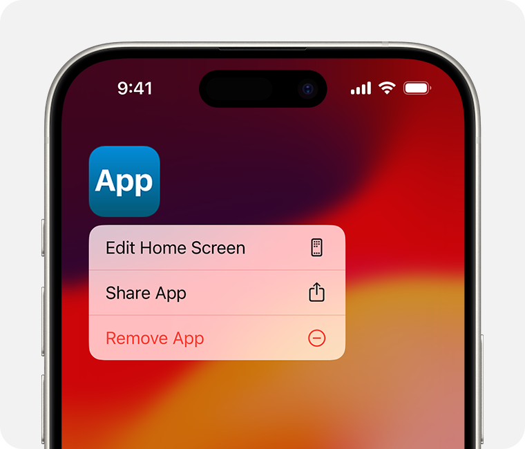 앱을 길게 터치하면 나타나는 메뉴가 표시된 iPhone 화면. 앱 제거는 메뉴의 세 번째 옵션입니다.