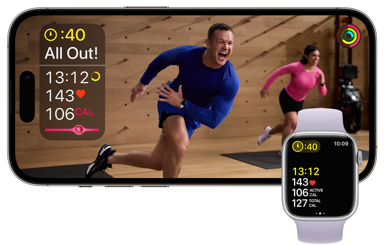 Um iPhone reproduzindo um treino HIIT do Apple Fitness+. Um Apple Watch exibe métricas de treino correspondentes.