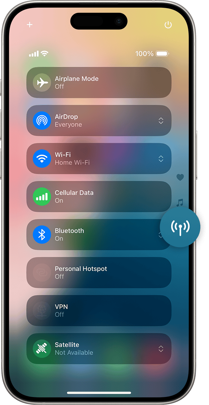 Control Centre on iPhone with the Connectivity button magnified on the right-hand side of the screen. The Satellite button at the bottom of the list.