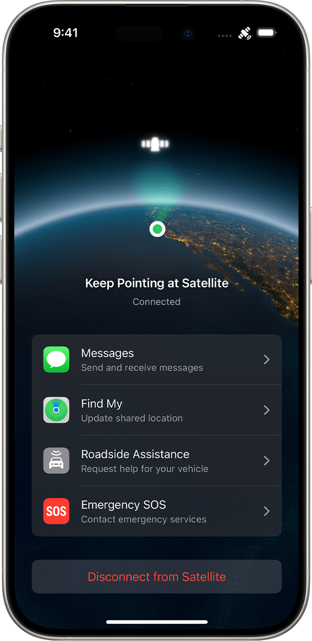 Connection Assistant on iPhone, connected to a satellite. Buttons for sending and receiving Messages, using Find My, requesting roadside assistance and contacting emergency services are listed in the app.