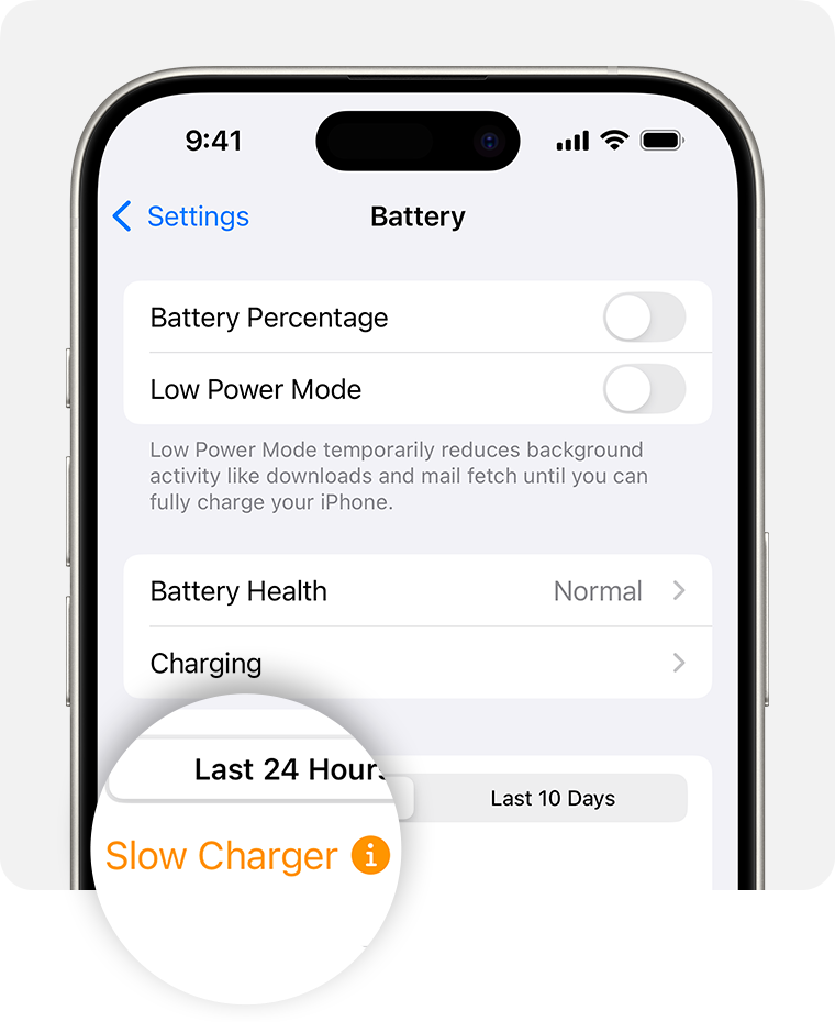 The Battery Settings screen with a Slow Charger message.