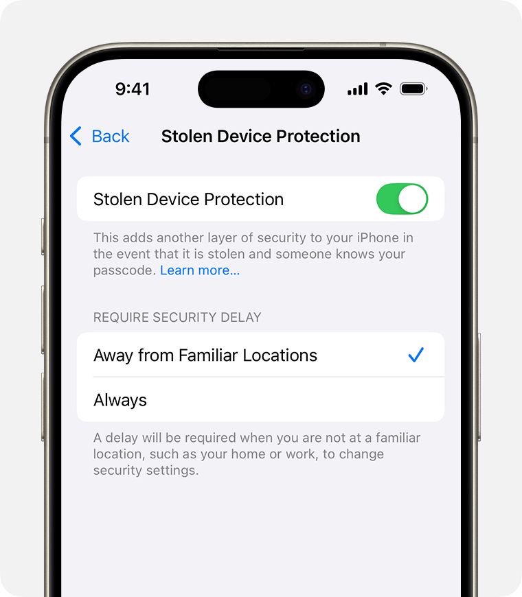 In Face ID & Passcode settings on iPhone, you can turn Stolen Device Protection on or off and choose when to require the additional security measures.