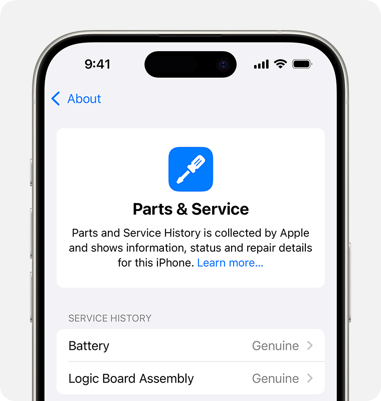 The Parts and Service History screen, showing Battery and Logic Board Assembly replacments.