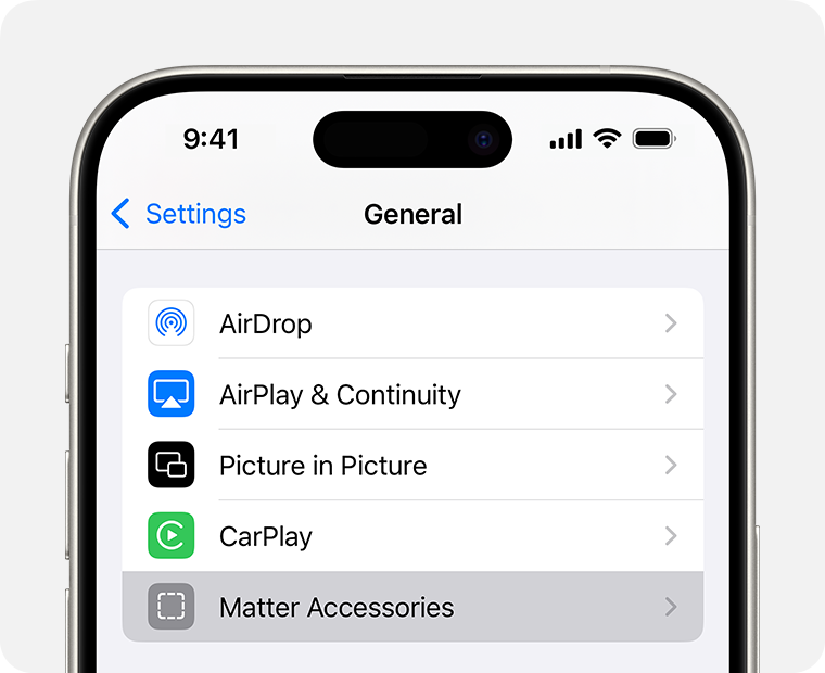 Accesorios de Matter en Configuración > General en el iPhone