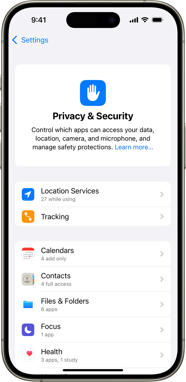 Pantalla de configuración Privacidad y seguridad en el iPhone