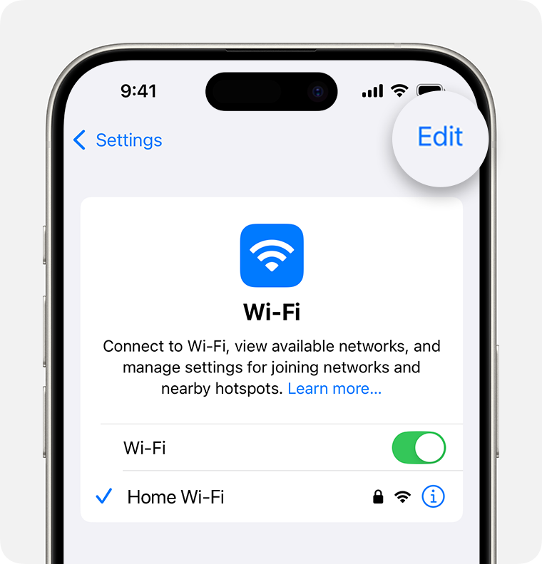 Чтобы найти пароли к ранее использовавшимся сетям Wi-Fi в iOS, перейдите в «Настройки» > «Wi-Fi» > «Изменить», а затем нажмите кнопку информации рядом с сетью.