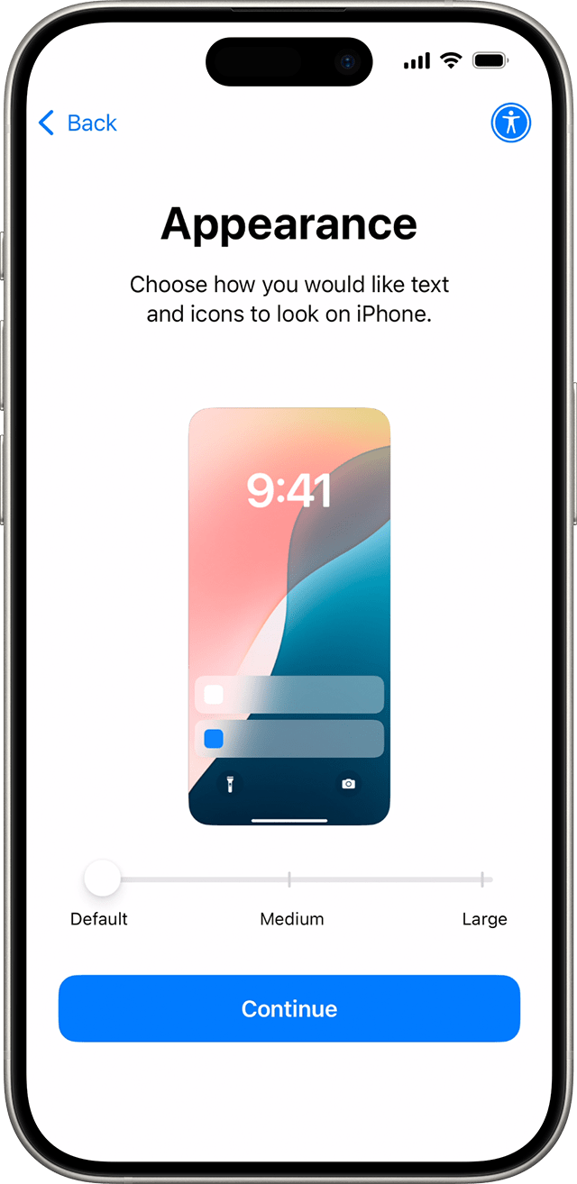 During the iPhone setup process on iOS 18, slide an icon to preview then choose your preferred text and app size.