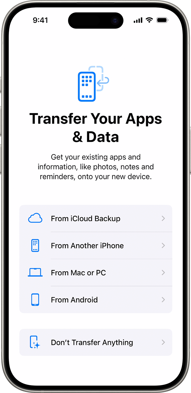 Ekrāna Transfer Your Apps & Data (Lietotņu un datu pārsūtīšana) iespējas, iestatot iPhone ierīci operētājsistēmā iOS 18.