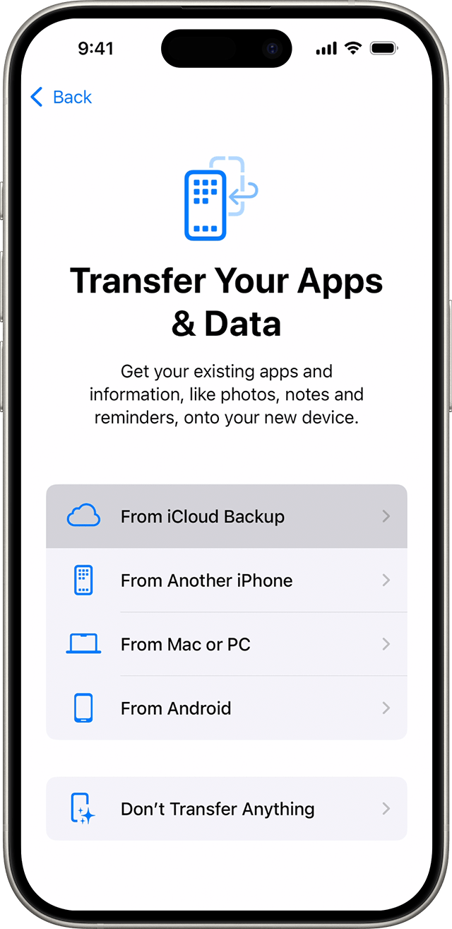 An iPhone showing the Apps & Data screen with “Restore from iCloud Backup” selected