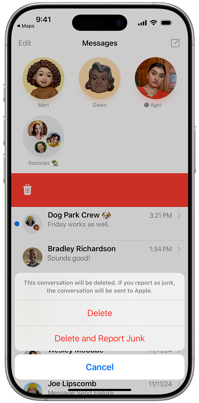 An iPhone showing how to delete a message or conversation