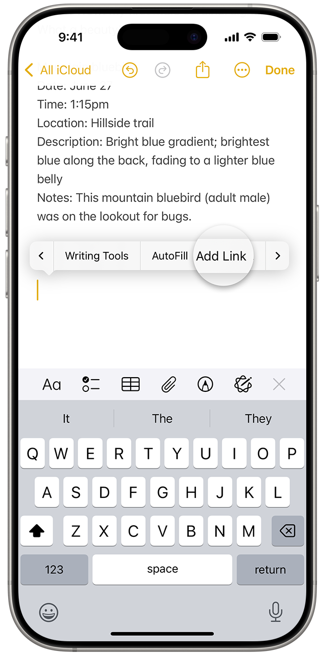 To add a link in Notes in iOS 18, touch and hold blank space or highlight text to bring up the options menu. Then, tap Add Link.