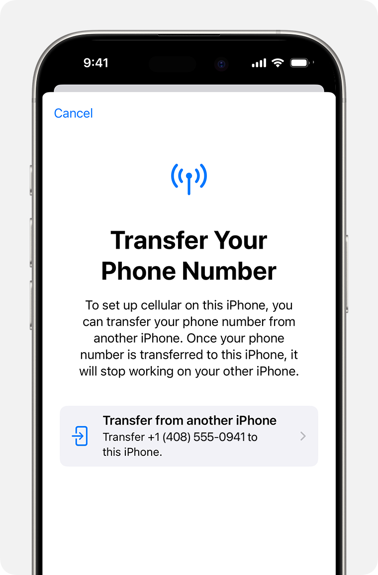 iPhone screenshot of setup of eSIM with option to transfer mobile plan from another iPhone.