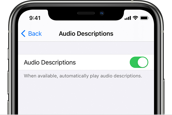 „iPhone“ įrenginio dalyje „Settings“ (nuostatos) rodomas mygtukas „Audio Descriptions“ (garso aprašai)