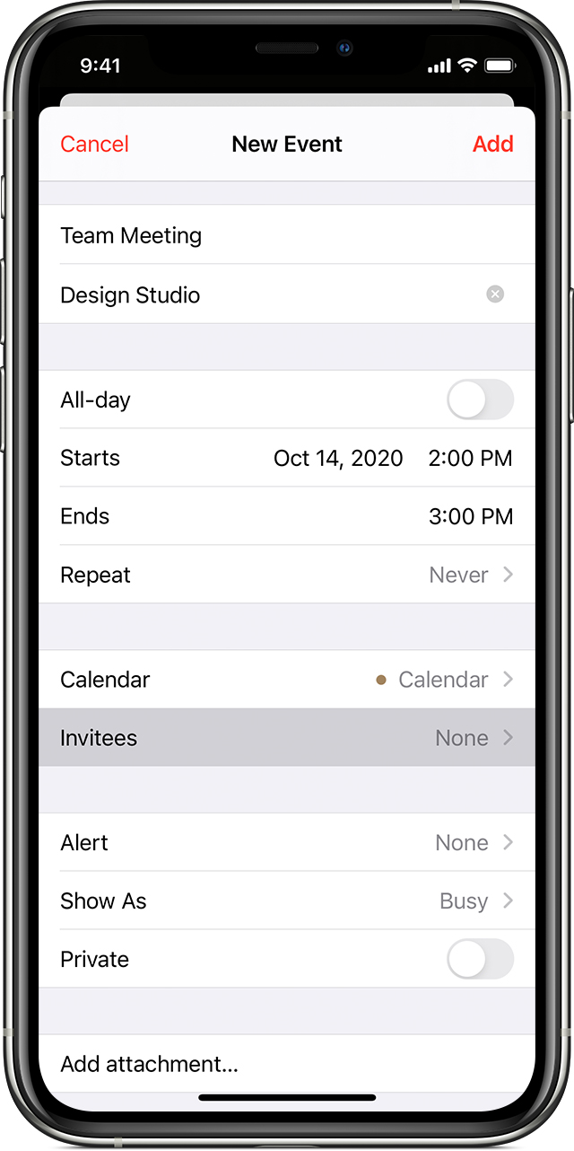 iPhone calendar add New Event screen with "Invitees" selected