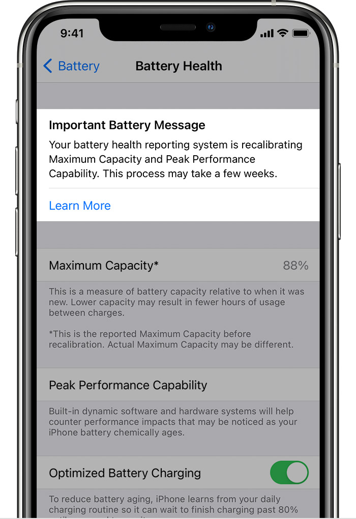 An iPhone showing the Important Battery Message for battery recalibrating