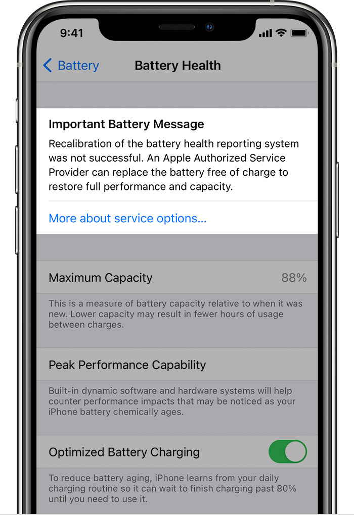 An iPhone showing the Important Battery Message when the recalibration of the battery health reporting system was not successful