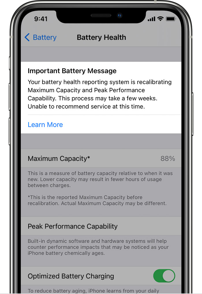 An iPhone showing the Important Battery Message for the battery health reporting system