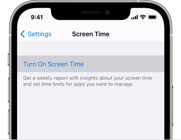 iPhone Settings with "Turn On Screen Time" selected