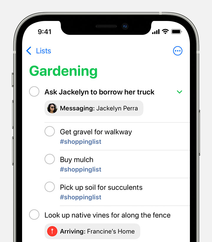 An iPhone showing a Gardening Reminders list. Under a reminder to "Ask Jackelyn to borrow her truck," it shows Jackelyn's photo and "Messaging: Jackelyn Perra."