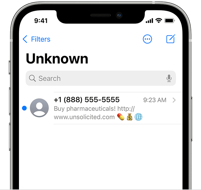 iPhone showing where messages filtered from unknown senders are displayed
