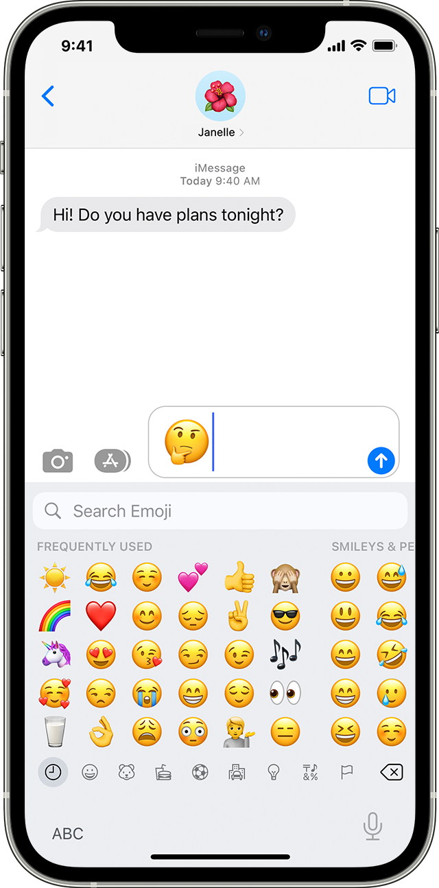 An iPhone screen showing a Messages conversation with a thinking face emoji in the text field.