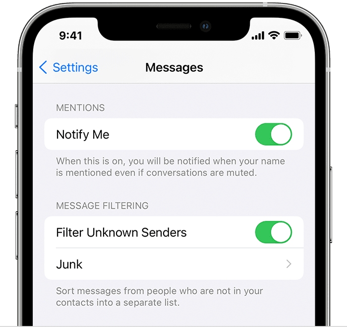 „iPhone“ ekranas, kuriame rodoma, kad įjungta funkcija „Filter Unknown Senders“ (filtruoti nežinomus siuntėjus)