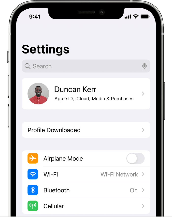 In the Settings app, the Profile Downloaded button is below the account details.