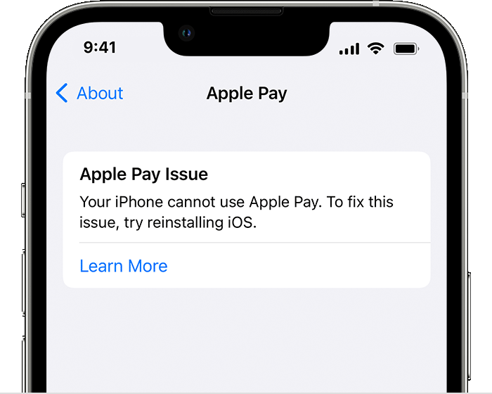 Sporočilo o napaki funkcije Apple Pay v napravi iPhone, ki uporabnika obvešča, da iPhone ne more uporabljati funkcije Apple Pay.