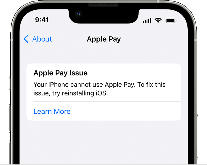 „iPhone“ klaidos pranešimas „Apple Pay Issue“ (problema dėl „Apple Pay“), informuojantis naudotoją, kad „iPhone“ negali naudoti „Apple Pay“.