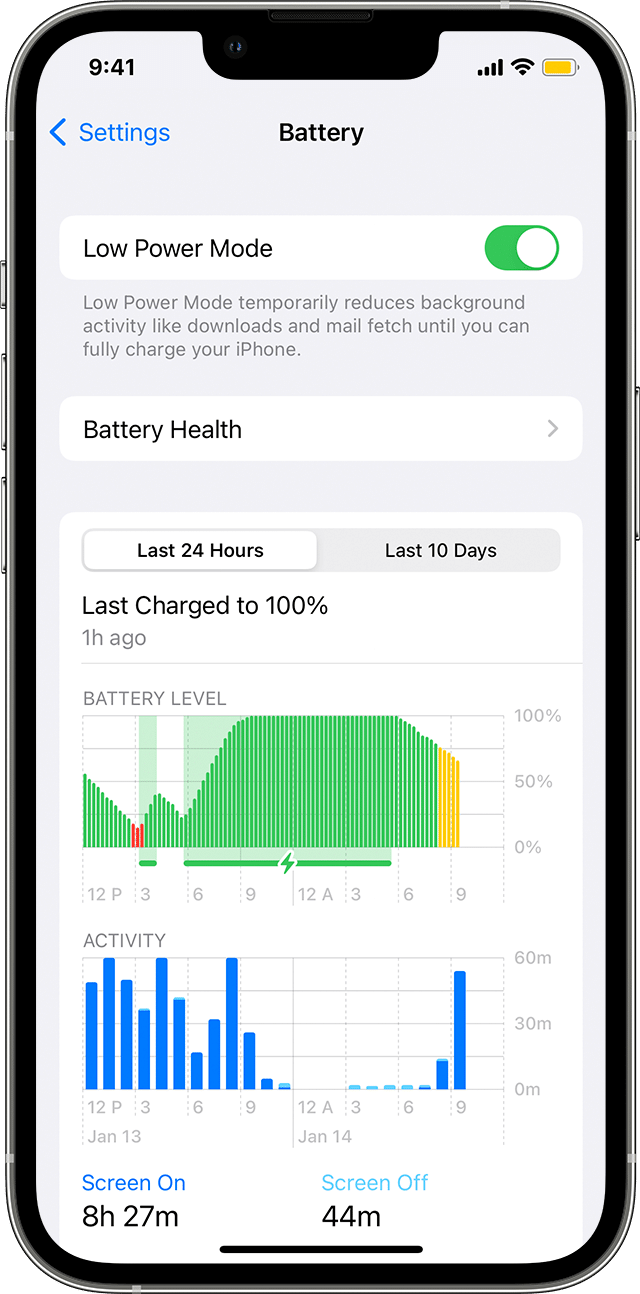 „iPhone“ ekrane „Settings“ (nuostatos) > „Battery“ (akumuliatorius). „Low Power Mode“ (mažo energijos lygio režimas) įjungtas ir būsenos juostoje rodoma geltona akumuliatoriaus piktograma.