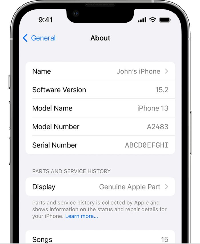 iOS 15, iPhone 13 Pro, settings, general, about parts, genuine part