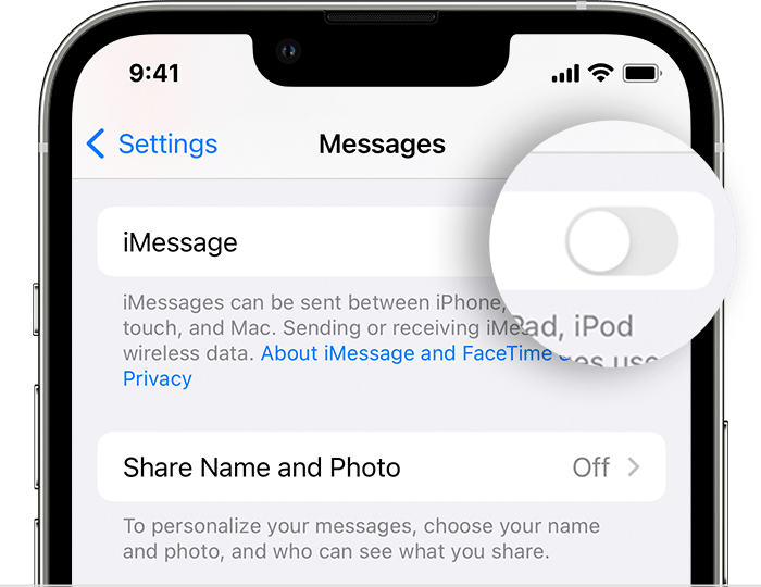 Para desactivar iMessage, presiona el interruptor.