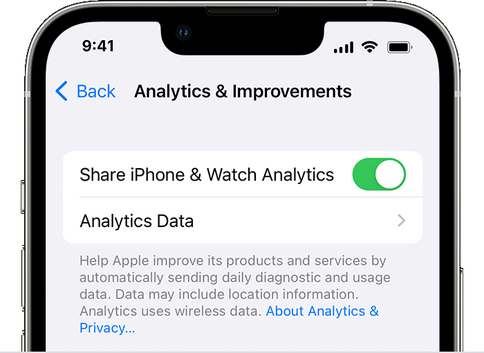 iOS 15 iPhone 13 Pro sätete privaatsuse menüü analüüsi ja täiustuste valiku kärbitud kujutis