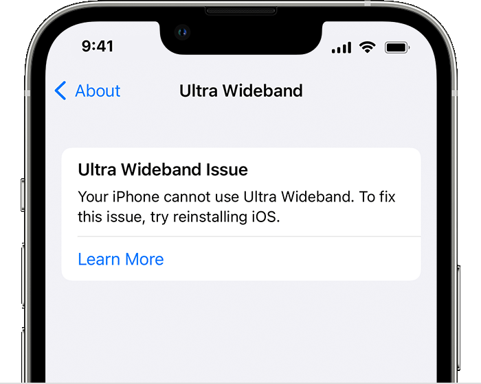 Ultra Wideband Issue error message on an iPhone informing the user that the iPhone cannot use Ultra Wideband.