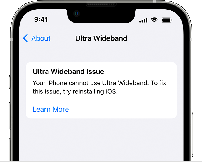 „iPhone“ klaidos pranešimas „Ultra Wideband Issue“ (problema dėl ultraplačiajuosčio ryšio), informuojantis naudotoją, kad „iPhone“ negali naudoti ultraplačiajuosčio ryšio.