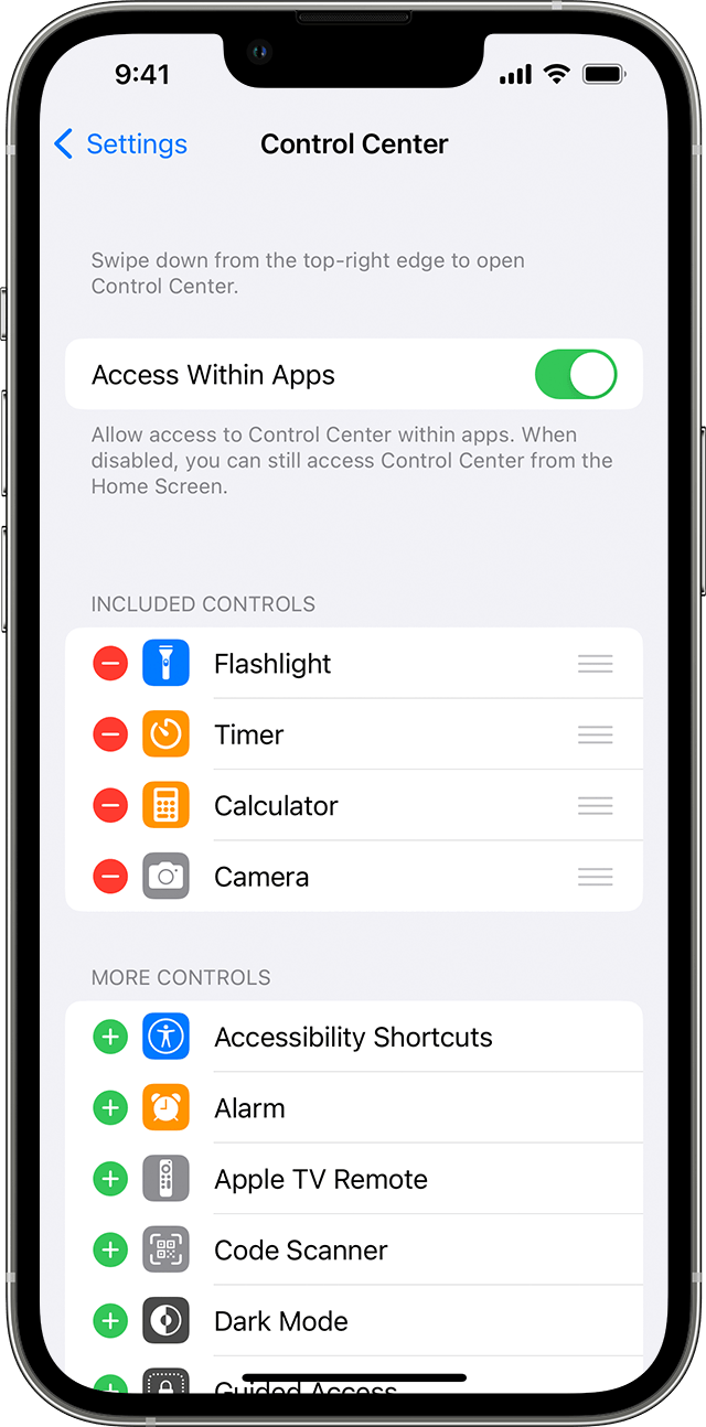 iPhone showing Control Center settings screen