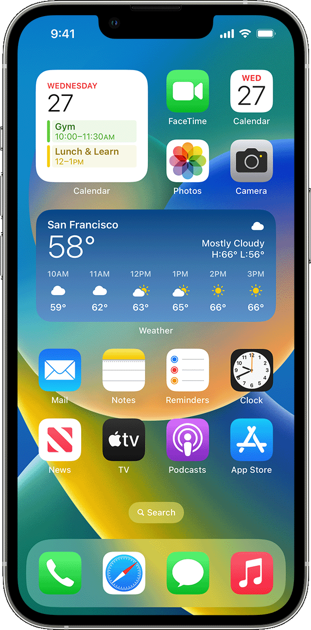 An iPhone showing widgets for weather and calendar events