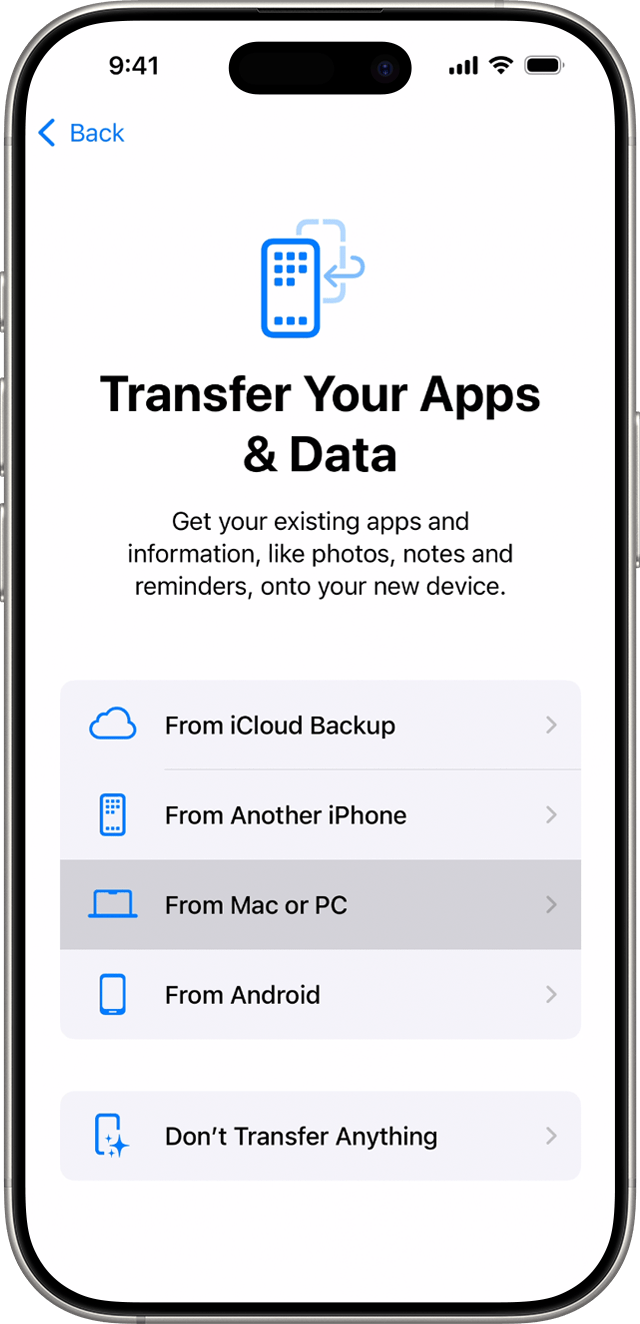 An iPhone showing the Transfer Your Apps & Data screen with "From Mac or PC" selected