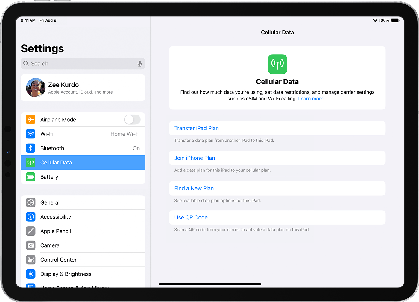 Écran de l’iPad Pro affichant les options de forfait de données cellulaires pour la configuration de l’eSIM.