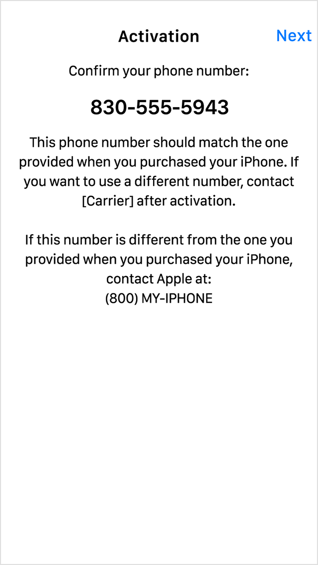 تظهر شاشة التنشيط هذه لتأكيد رقم هاتفك عند إعداد iPhone لأول مرة. 