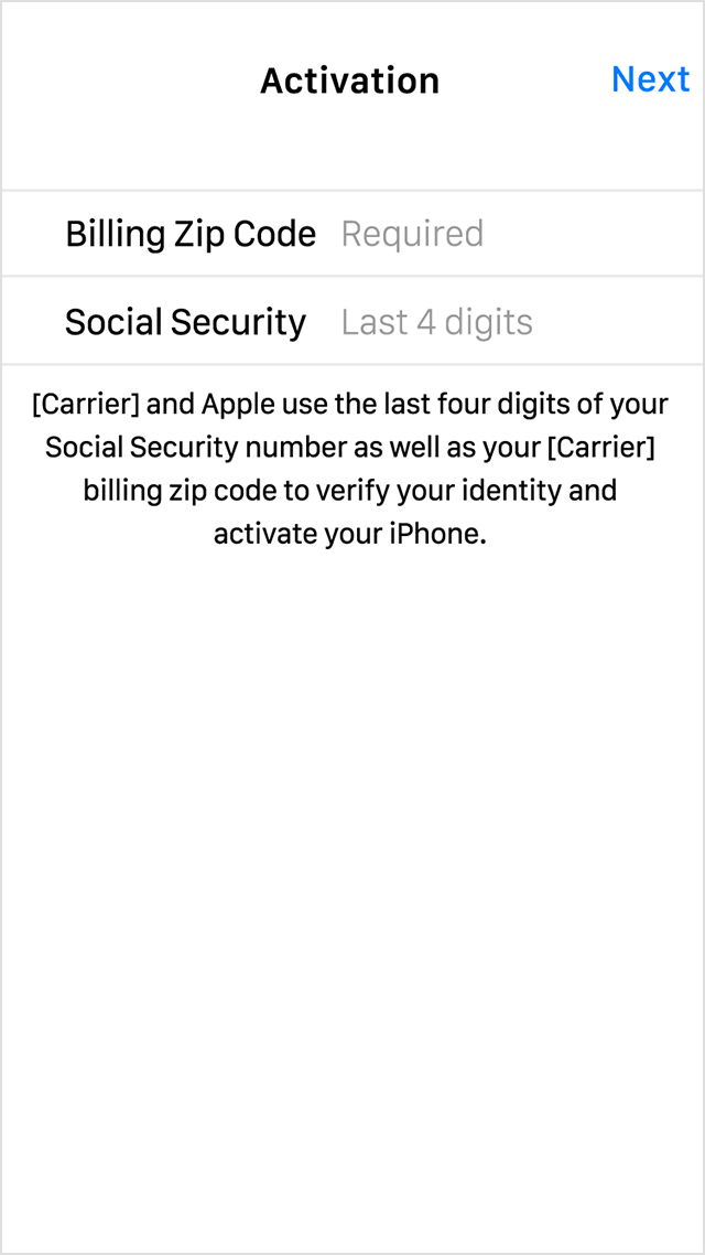  لإنهاء تنشيط iPhone الجديد، يجب عليك إدخال الرمز البريدي للفوترة ورقم الضمان الاجتماعي لتأكيد هويتك.