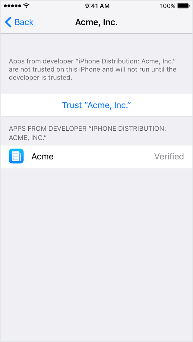  iPhone screen showing a prompt to trust an Enterprise app