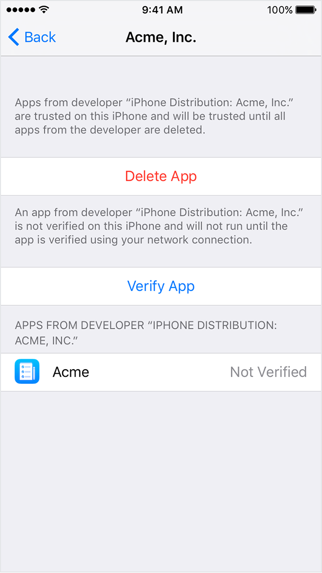  iPhone screen showing a prompt to verify that an Enterprise app should be trusted