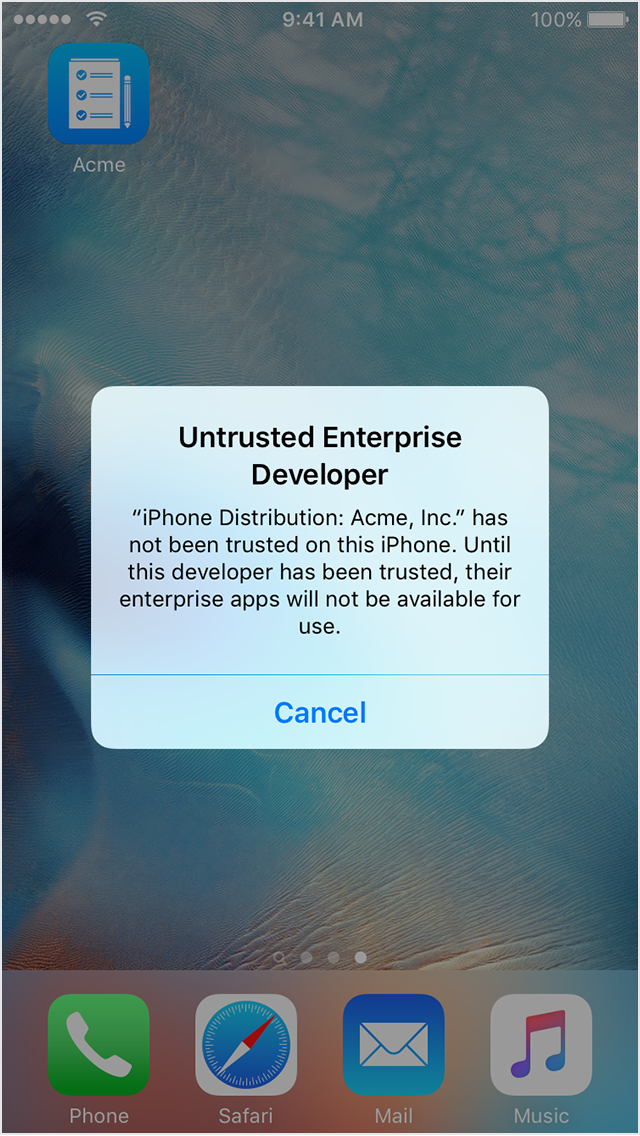  Повідомлення про ненадійного корпоративного розробника на екрані iPhone