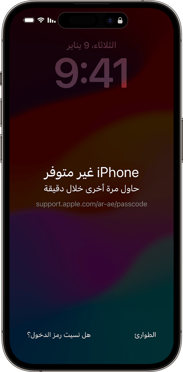 تظهر رسالة "iPhone غير متوفر" على iPhone بعد إدخال رمز الدخول بشكل غير صحيح.