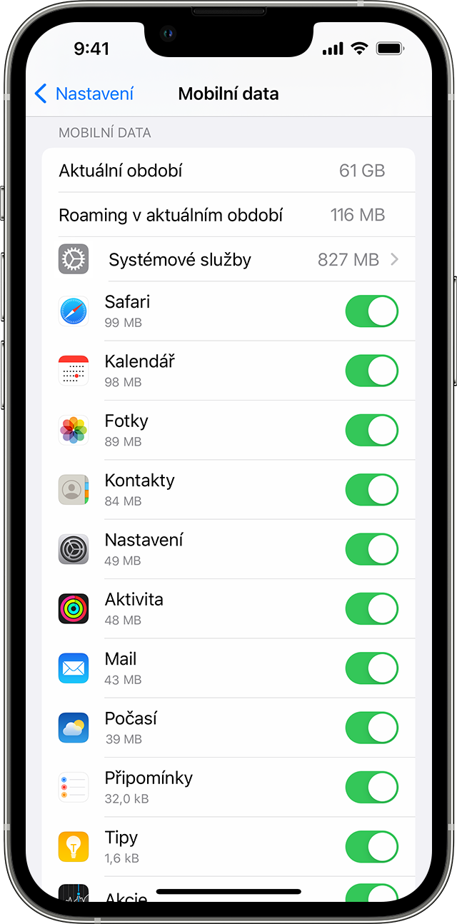 Obrazovka iPhonu zobrazující využití mobilních dat